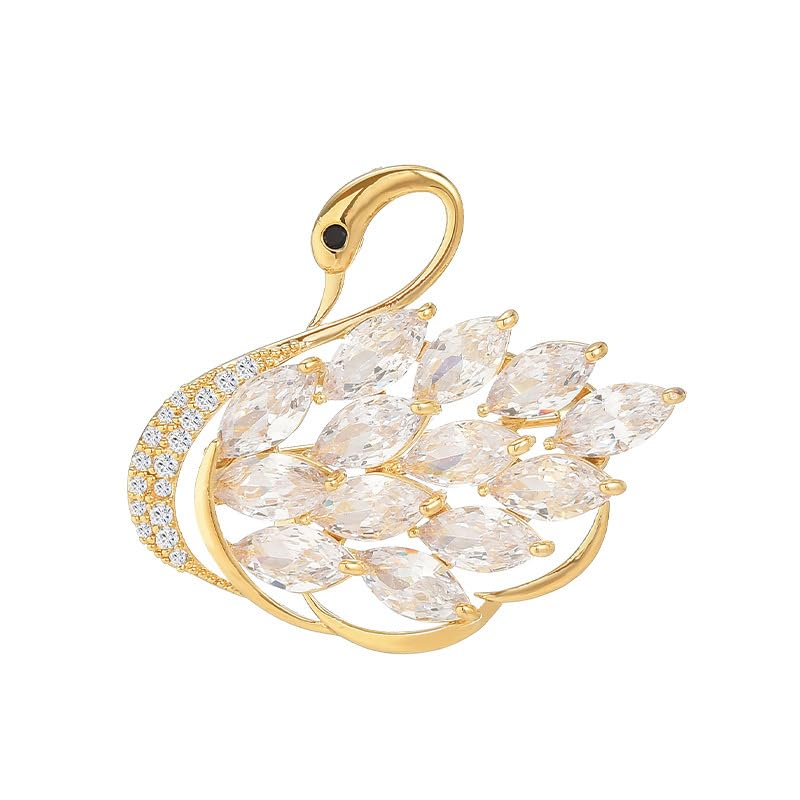 Luxurious and Sophisticated 14K Gold Swan Brooch with Sparkling Moissanite, Stunning Animal Inspired Crystal Corsage, Trendy Trench Coat Accessory