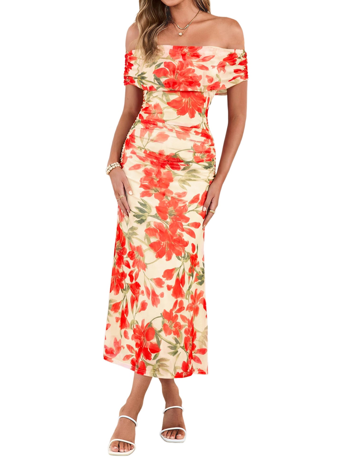 Simplee Womens Summer Floral Off Shoulder Maxi Dress 2026 Spring Ruched Bodycon Formal Wedding Guest Cocktail Dresses