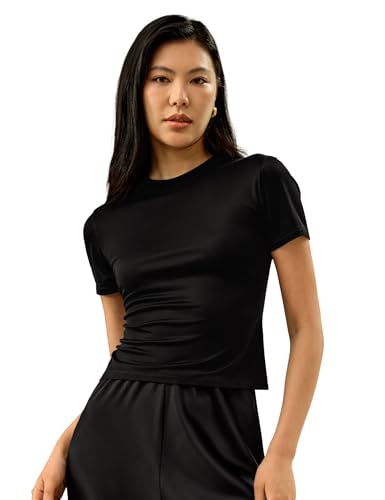 LilySilk 100% Silk Jersey Tee Slim Fit Crew Neck Short Sleeves Cropped T Shirt Casual Solid Tops