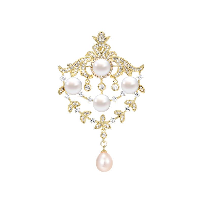 14K Gold Vintage Royal Style Brooch, Elegant Freshwater Pearl and Moissanite Pin, 3D Design for Formal Suits and Special Occasions
