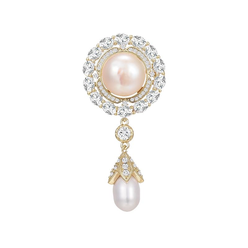 14K Gold Vintage Royal Style Brooch, Elegant Freshwater Pearl and Moissanite Pin, 3D Design for Formal Suits and Special Occasions