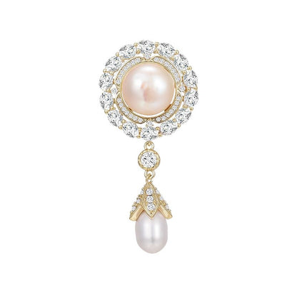 14K Gold Vintage Royal Style Brooch, Elegant Freshwater Pearl and Moissanite Pin, 3D Design for Formal Suits and Special Occasions