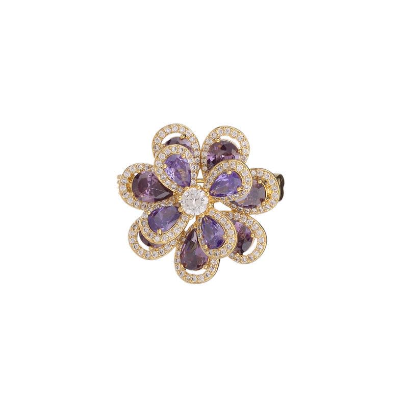 14K Gold Layered Crystal Flower Brooch with Moissanite Accents, Elegant 3D Floral Pin, Anti-Flipping Design, Premium Jewelry Accessory for Women, Ideal for Special Events and Gifts