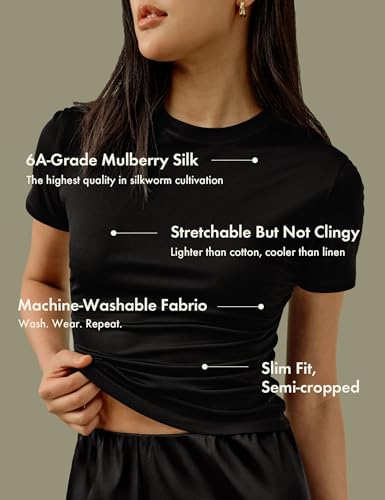 LilySilk 100% Silk Jersey Tee Slim Fit Crew Neck Short Sleeves Cropped T Shirt Casual Solid Tops