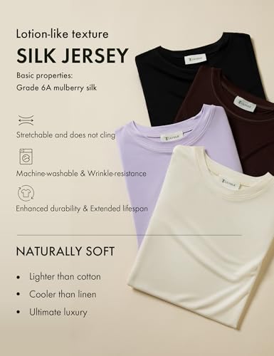 LilySilk 100% Silk Jersey Tee Slim Fit Crew Neck Short Sleeves Cropped T Shirt Casual Solid Tops