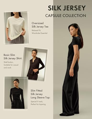 LilySilk 100% Silk Jersey Tee Slim Fit Crew Neck Short Sleeves Cropped T Shirt Casual Solid Tops