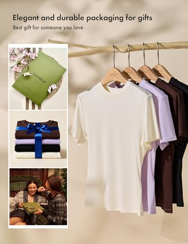 LilySilk 100% Silk Jersey Tee Slim Fit Crew Neck Short Sleeves Cropped T Shirt Casual Solid Tops