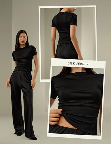 LilySilk 100% Silk Jersey Tee Slim Fit Crew Neck Short Sleeves Cropped T Shirt Casual Solid Tops