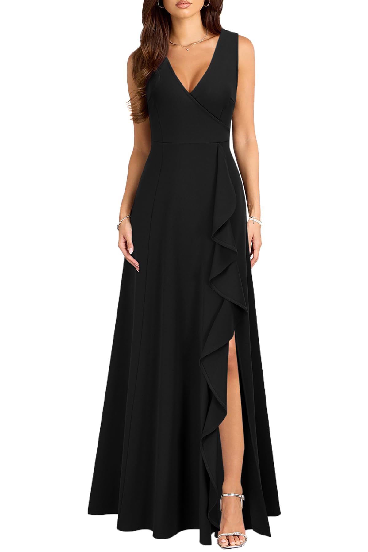 MUSHARE Women's V Neck Sexy Split Cocktail Dress with Pockets Ruffle Party Long Formal Dress