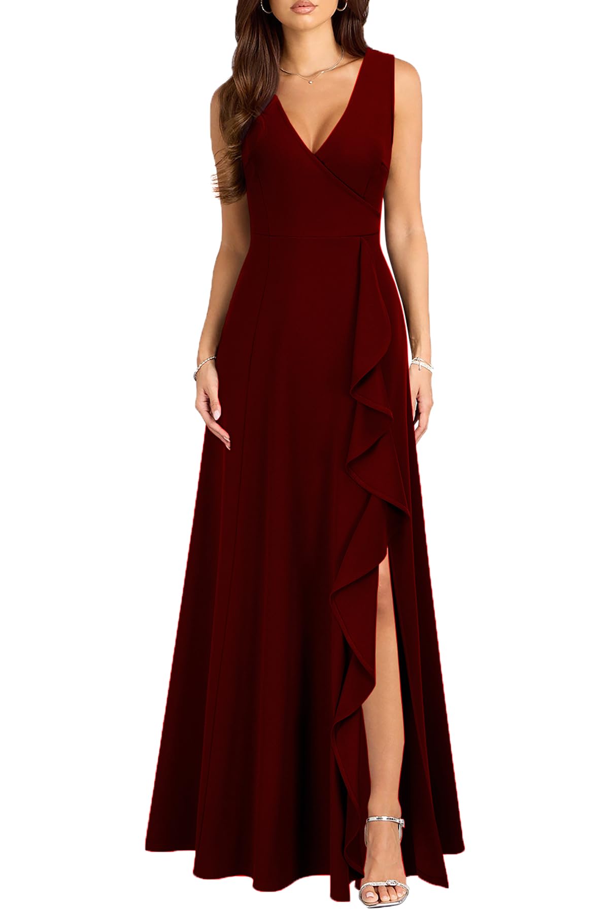 MUSHARE Women's V Neck Sexy Split Cocktail Dress with Pockets Ruffle Party Long Formal Dress