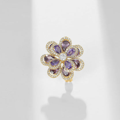 14K Gold Layered Crystal Flower Brooch with Moissanite Accents, Elegant 3D Floral Pin, Anti-Flipping Design, Premium Jewelry Accessory for Women, Ideal for Special Events and Gifts