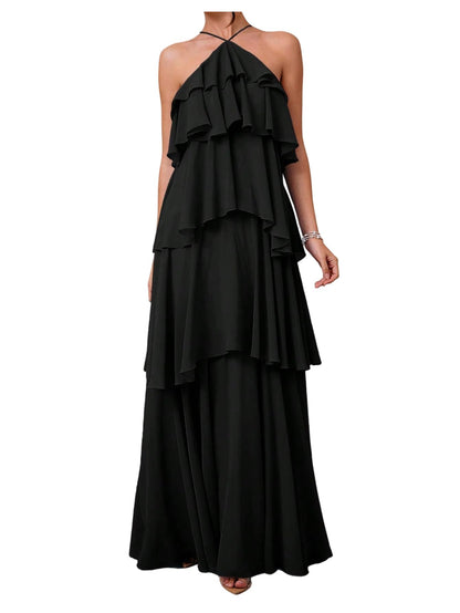 SOLY HUX Women's Wedding Guest Dress Sundresses Ruffle Layered Halter Backless Flowy Formal Maxi Dresses