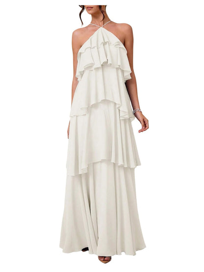 SOLY HUX Women's Wedding Guest Dress Sundresses Ruffle Layered Halter Backless Flowy Formal Maxi Dresses