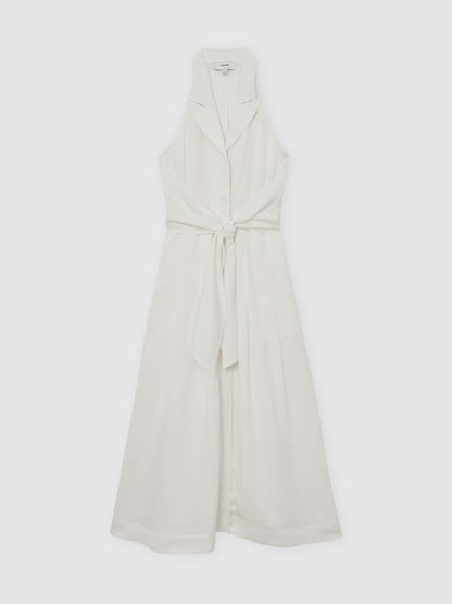 REISS Womens' TOR Halterneck Linen Midi Dress