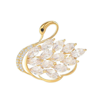 Luxurious and Sophisticated 14K Gold Swan Brooch with Sparkling Moissanite, Stunning Animal Inspired Crystal Corsage, Trendy Trench Coat Accessory