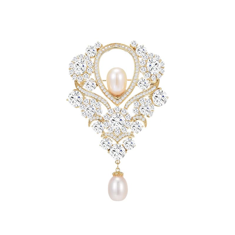 14K Gold Vintage Royal Style Brooch, Elegant Freshwater Pearl and Moissanite Pin, 3D Design for Formal Suits and Special Occasions