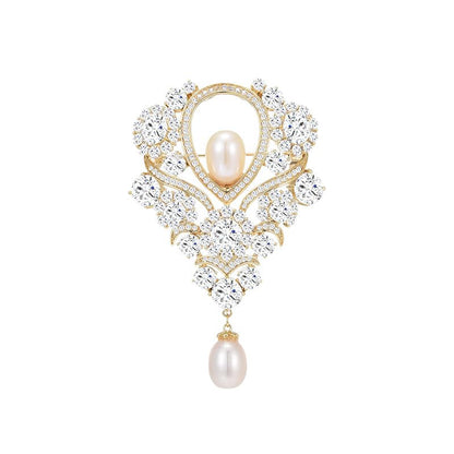 14K Gold Vintage Royal Style Brooch, Elegant Freshwater Pearl and Moissanite Pin, 3D Design for Formal Suits and Special Occasions