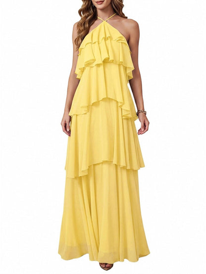 SOLY HUX Women's Wedding Guest Dress Sundresses Ruffle Layered Halter Backless Flowy Formal Maxi Dresses