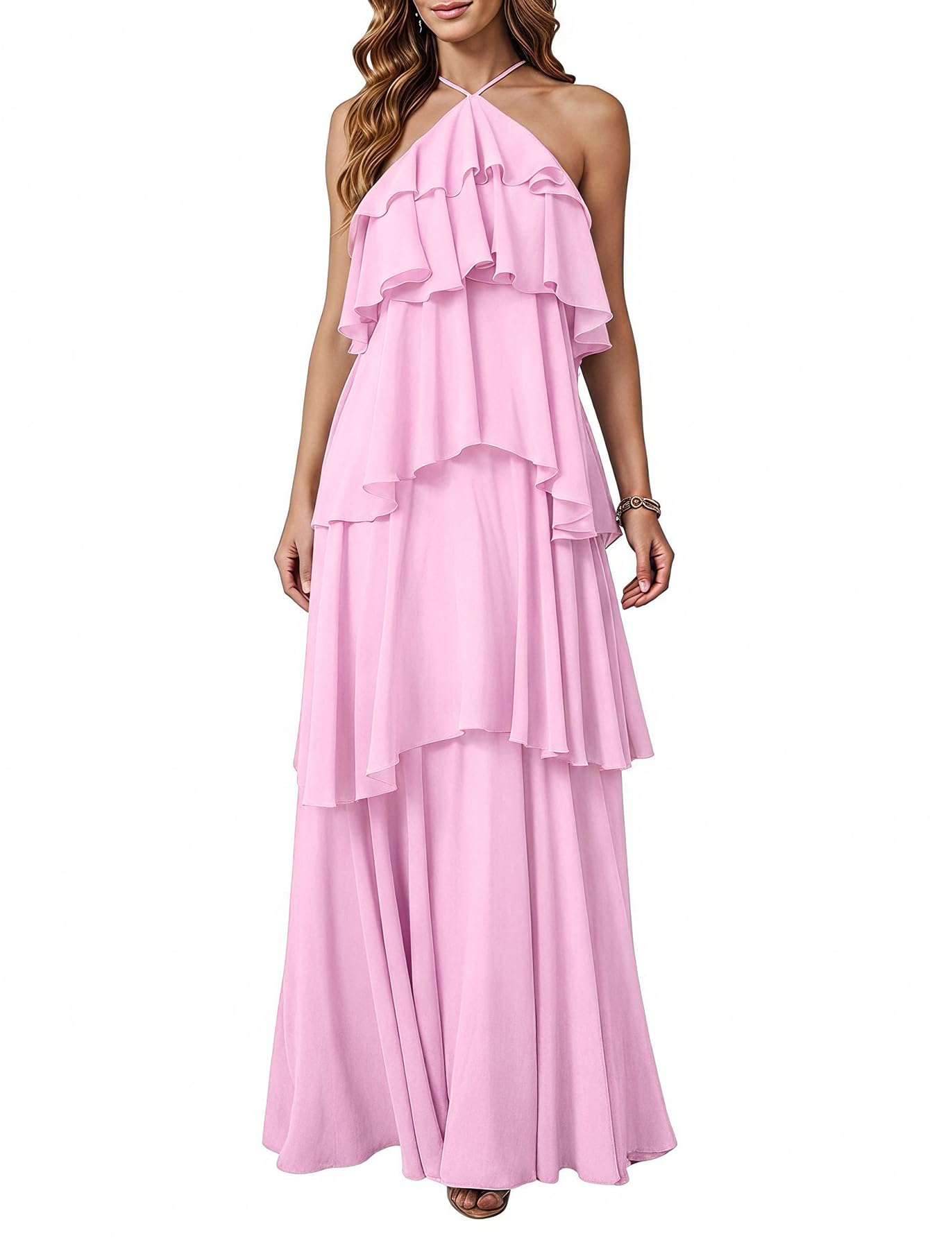 SOLY HUX Women's Wedding Guest Dress Sundresses Ruffle Layered Halter Backless Flowy Formal Maxi Dresses