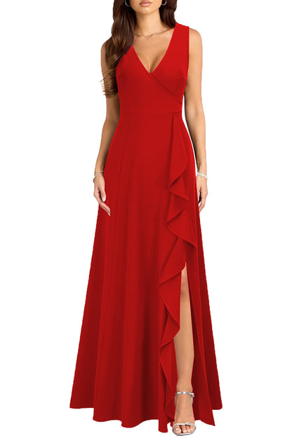 MUSHARE Women's V Neck Sexy Split Cocktail Dress with Pockets Ruffle Party Long Formal Dress