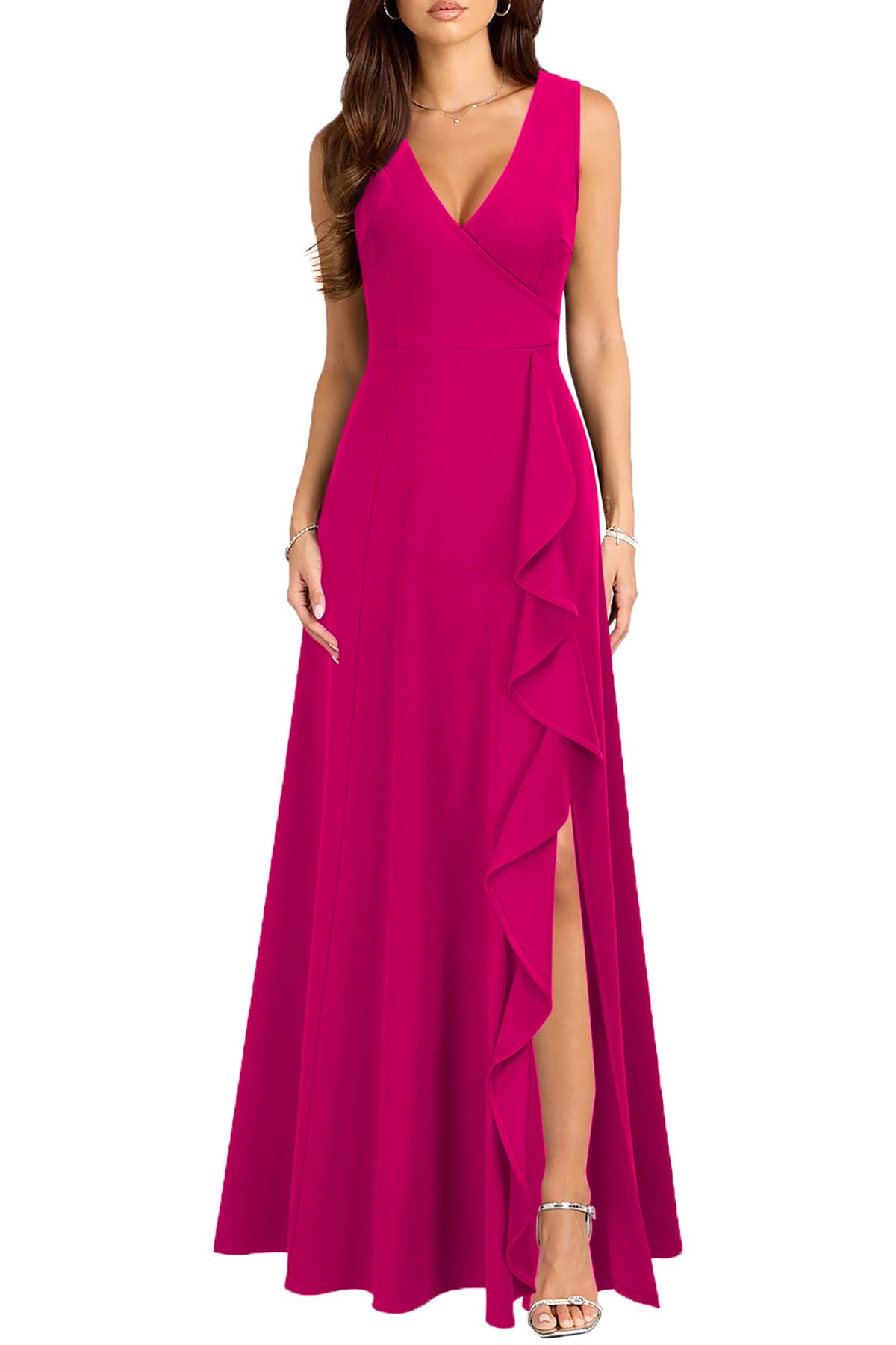 MUSHARE Women's V Neck Sexy Split Cocktail Dress with Pockets Ruffle Party Long Formal Dress