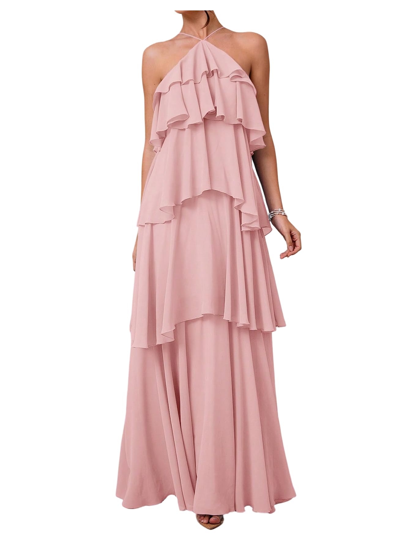 SOLY HUX Women's Wedding Guest Dress Sundresses Ruffle Layered Halter Backless Flowy Formal Maxi Dresses
