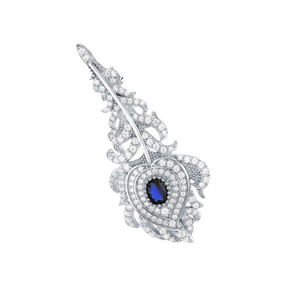 CUSHIONBLUE Diamond Peacock Feather Brooch, 14k Gold Oval Sapphire Brooch Pin, 925 Silver Antique Jewelry, Gorgeous Gift for Her.