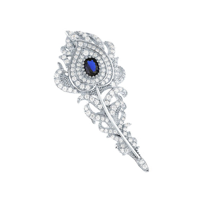 CUSHIONBLUE Diamond Peacock Feather Brooch, 14k Gold Oval Sapphire Brooch Pin, 925 Silver Antique Jewelry, Gorgeous Gift for Her.