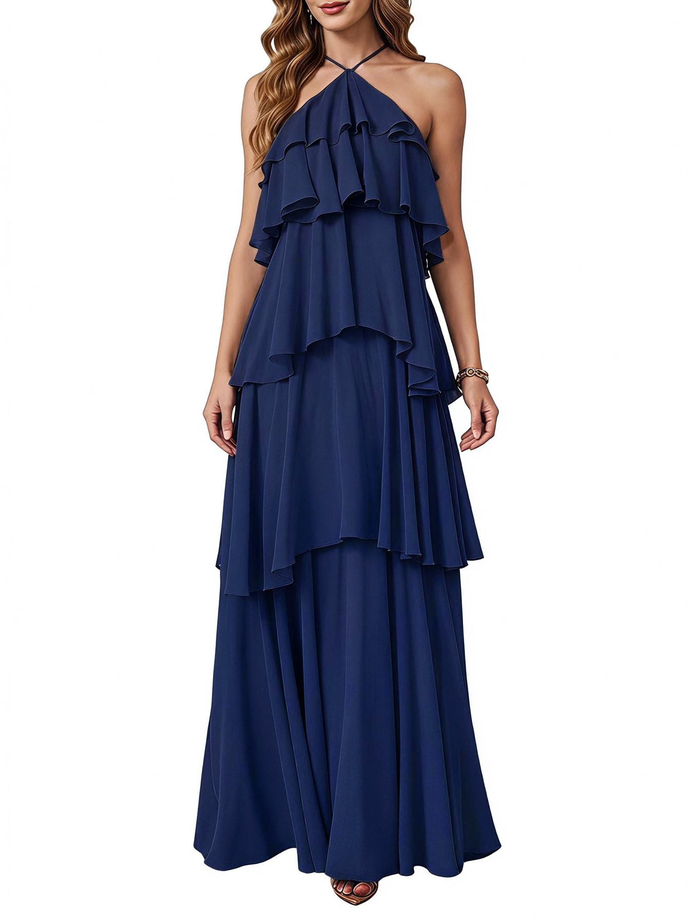 SOLY HUX Women's Wedding Guest Dress Sundresses Ruffle Layered Halter Backless Flowy Formal Maxi Dresses
