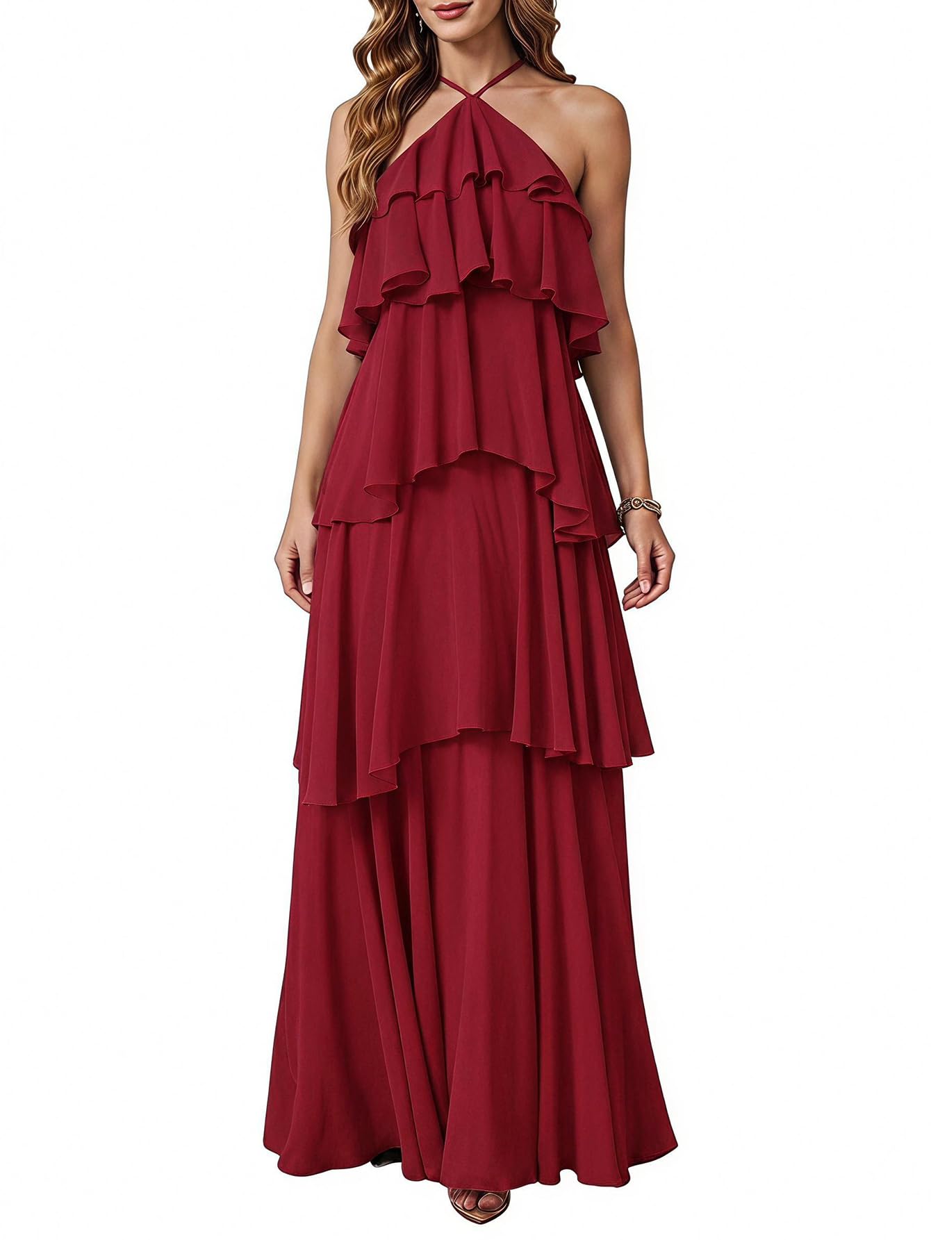 SOLY HUX Women's Wedding Guest Dress Sundresses Ruffle Layered Halter Backless Flowy Formal Maxi Dresses