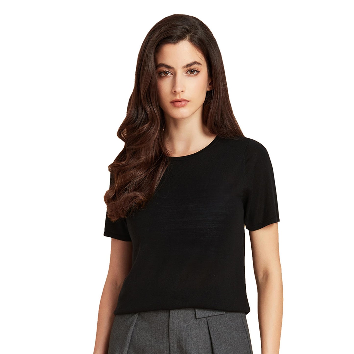 GreenMount Women's Silk Cashmere Round Neck T-Shirt Stretchy Basic Tee Summer Tops for Women