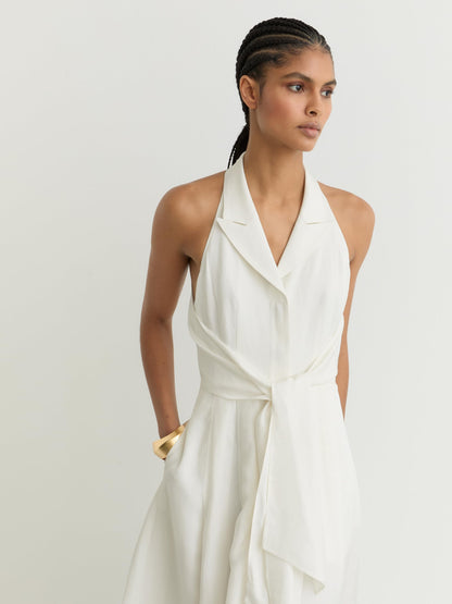 REISS Womens' TOR Halterneck Linen Midi Dress
