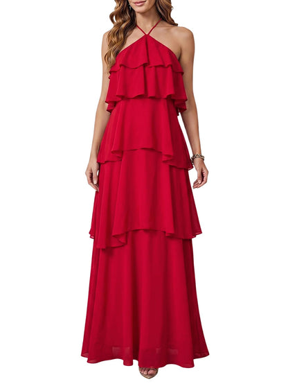 SOLY HUX Women's Wedding Guest Dress Sundresses Ruffle Layered Halter Backless Flowy Formal Maxi Dresses