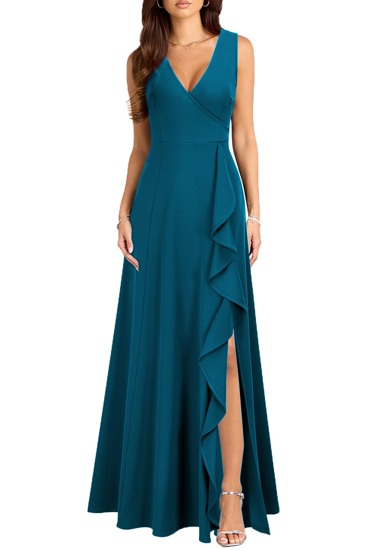 MUSHARE Women's V Neck Sexy Split Cocktail Dress with Pockets Ruffle Party Long Formal Dress