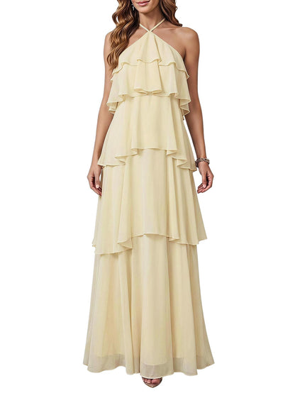 SOLY HUX Women's Wedding Guest Dress Sundresses Ruffle Layered Halter Backless Flowy Formal Maxi Dresses