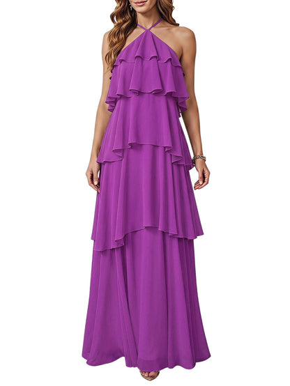 SOLY HUX Women's Wedding Guest Dress Sundresses Ruffle Layered Halter Backless Flowy Formal Maxi Dresses