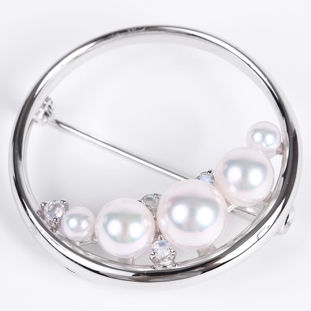Japanese 3.5-7.0mm Akoya Cultured Pearl with Blue moonstone Brooch for Women with Sterling Silver | Elegant Design Excellent Gift | Pearl Brooch