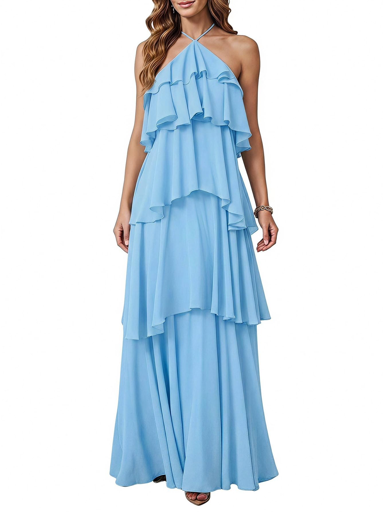 SOLY HUX Women's Wedding Guest Dress Sundresses Ruffle Layered Halter Backless Flowy Formal Maxi Dresses