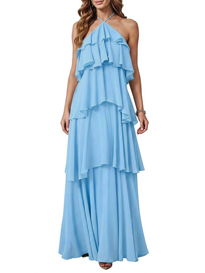 SOLY HUX Women's Wedding Guest Dress Sundresses Ruffle Layered Halter Backless Flowy Formal Maxi Dresses