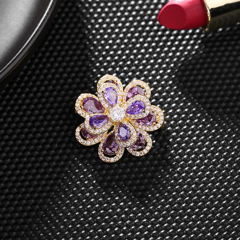 14K Gold Layered Crystal Flower Brooch with Moissanite Accents, Elegant 3D Floral Pin, Anti-Flipping Design, Premium Jewelry Accessory for Women, Ideal for Special Events and Gifts