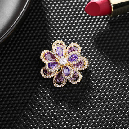 14K Gold Layered Crystal Flower Brooch with Moissanite Accents, Elegant 3D Floral Pin, Anti-Flipping Design, Premium Jewelry Accessory for Women, Ideal for Special Events and Gifts