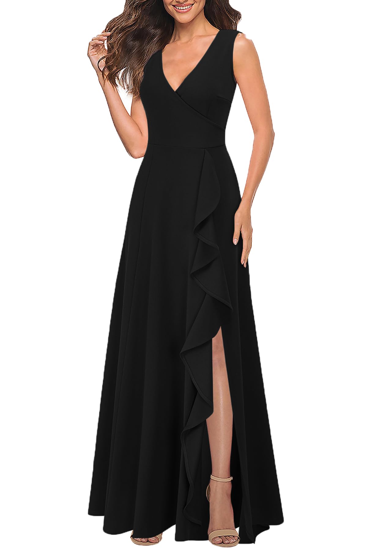 MUSHARE Women's V Neck Sexy Split Cocktail Dress with Pockets Ruffle Party Long Formal Dress