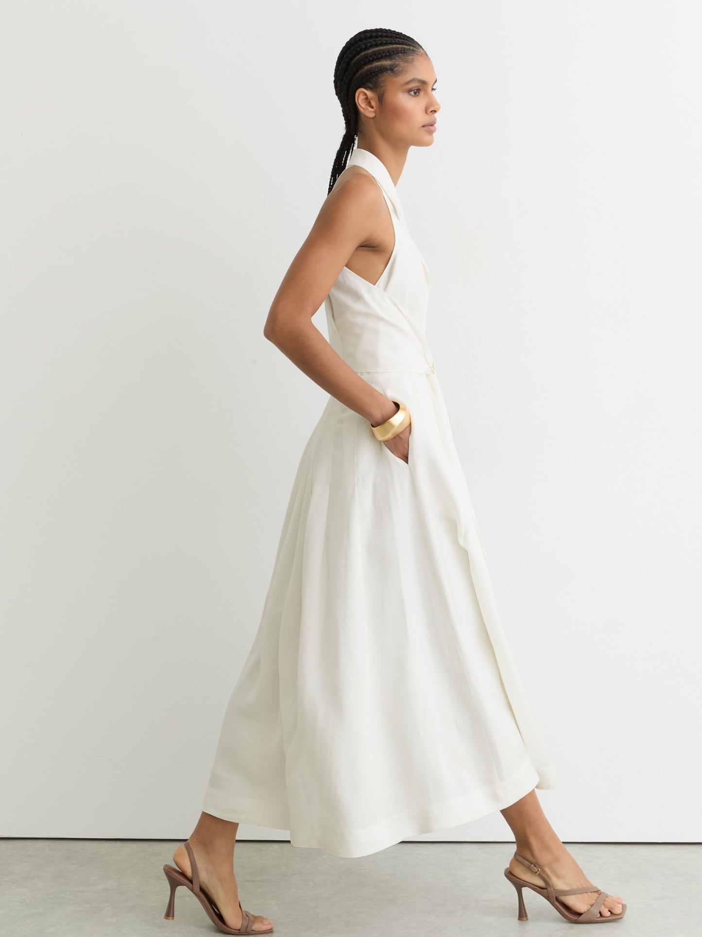 REISS Womens' TOR Halterneck Linen Midi Dress