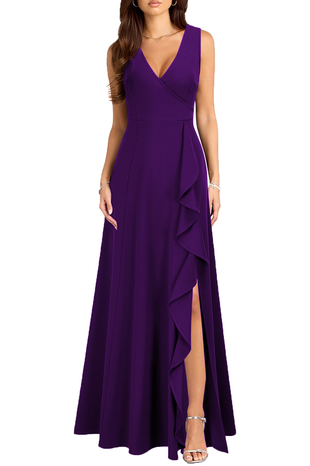 MUSHARE Women's V Neck Sexy Split Cocktail Dress with Pockets Ruffle Party Long Formal Dress