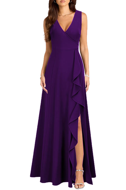 MUSHARE Women's V Neck Sexy Split Cocktail Dress with Pockets Ruffle Party Long Formal Dress