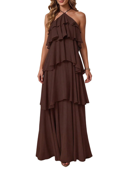SOLY HUX Women's Wedding Guest Dress Sundresses Ruffle Layered Halter Backless Flowy Formal Maxi Dresses