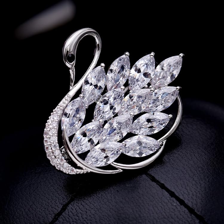 Luxurious and Sophisticated 14K Gold Swan Brooch with Sparkling Moissanite, Stunning Animal Inspired Crystal Corsage, Trendy Trench Coat Accessory