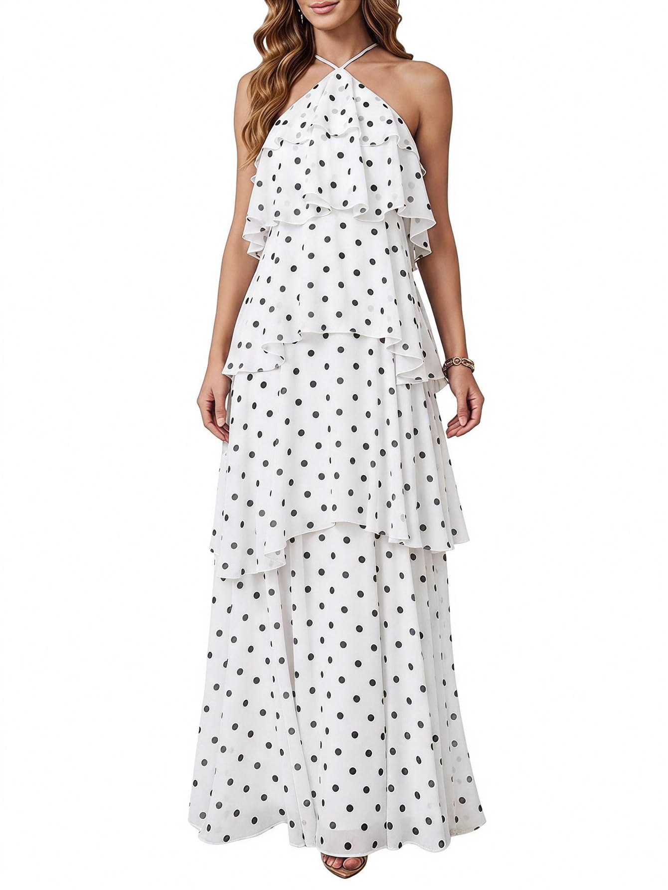 SOLY HUX Women's Wedding Guest Dress Sundresses Ruffle Layered Halter Backless Flowy Formal Maxi Dresses