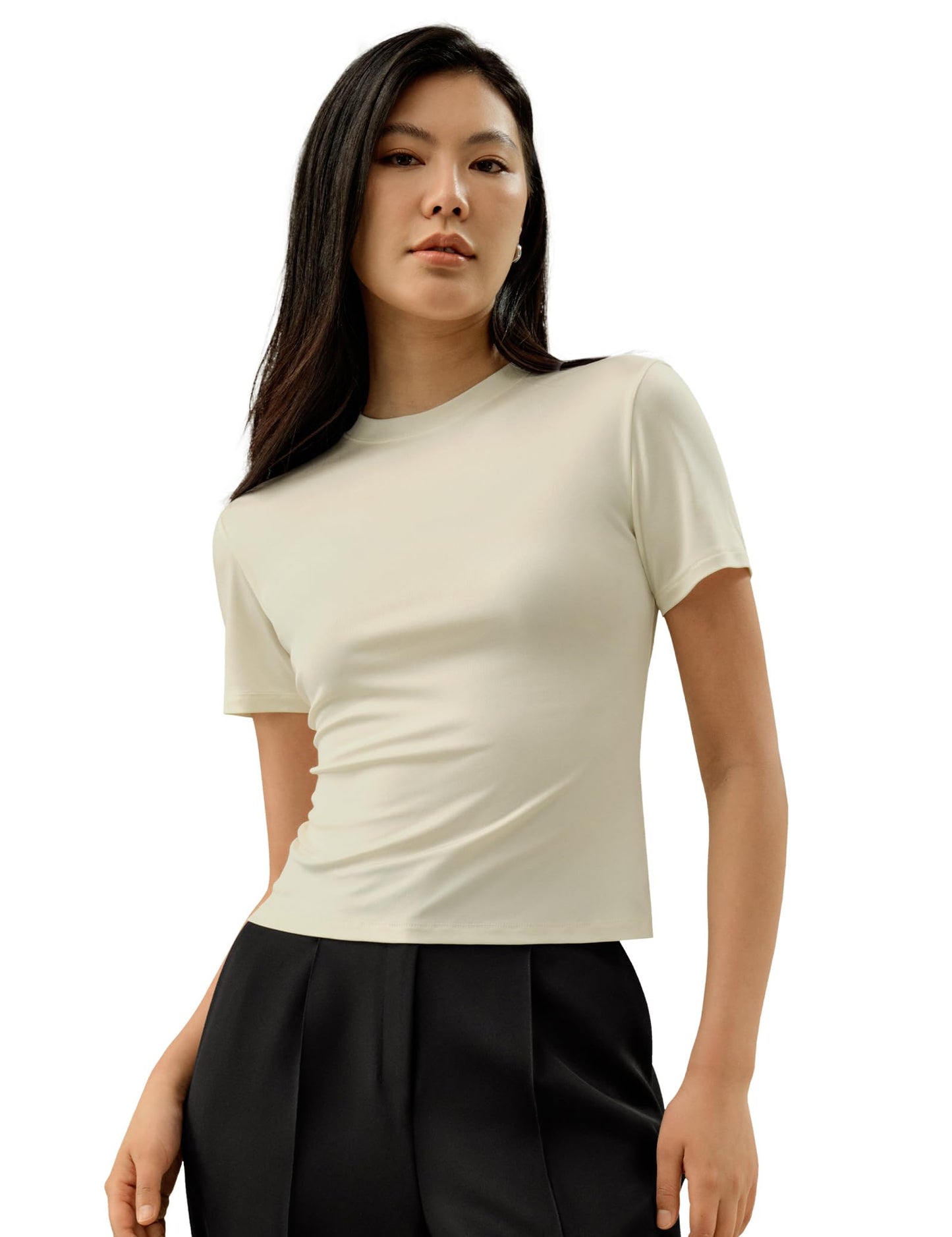 LilySilk 100% Silk Jersey Tee Slim Fit Crew Neck Short Sleeves Cropped T Shirt Casual Solid Tops