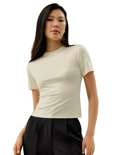 LilySilk 100% Silk Jersey Tee Slim Fit Crew Neck Short Sleeves Cropped T Shirt Casual Solid Tops